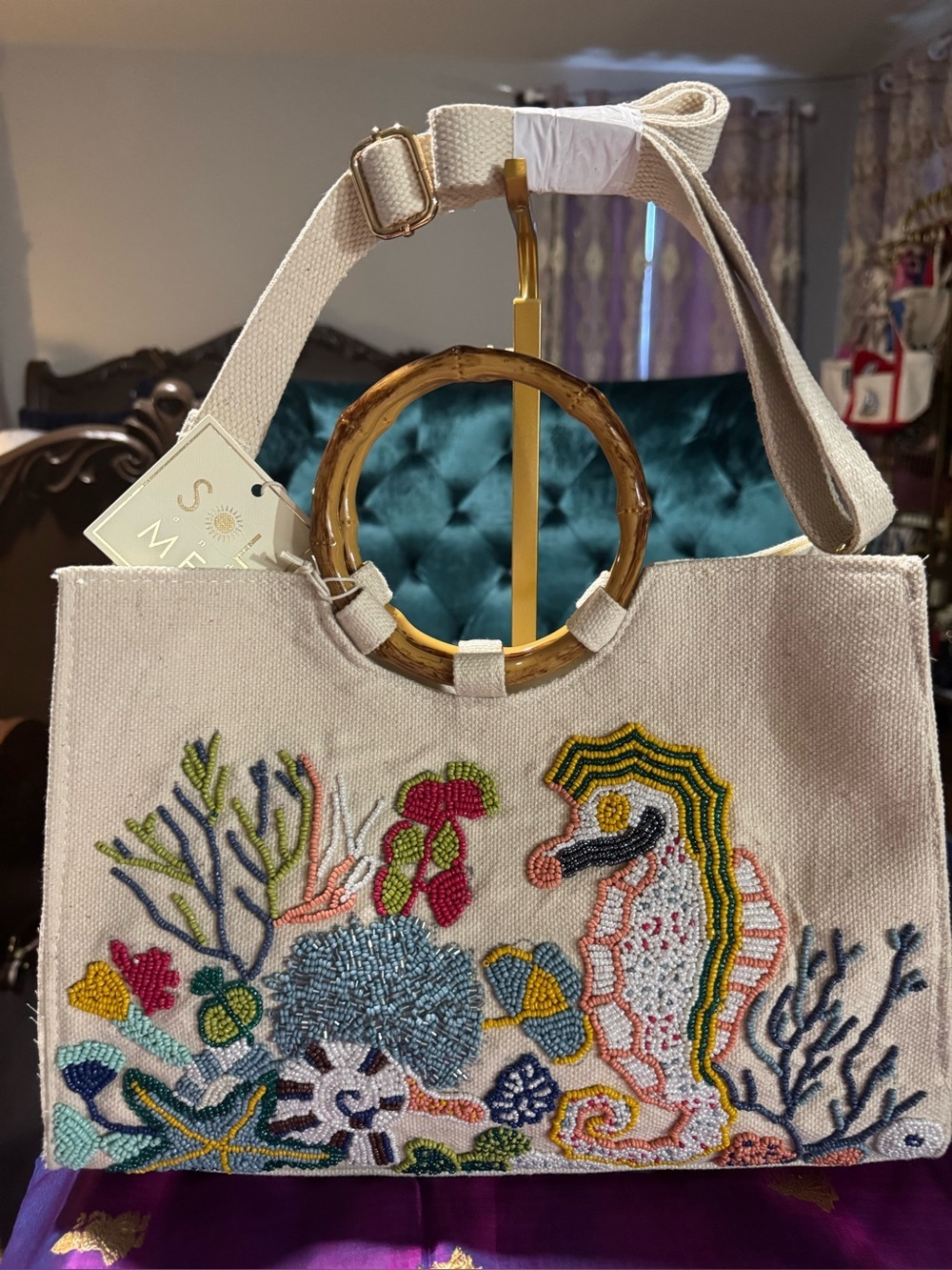 NWT Sol & Mer Beaded Seahorse Tote Bag Bamboo Handle Natural